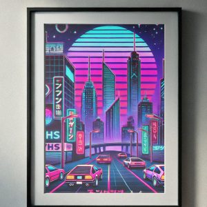 Immerse yourself in a futuristic cityscape with this neon-infused retro art print. Featuring a vibrant cyberpunk aesthetic, vintage cars, and glowing skyscrapers, this piece transports you straight into a 90's-inspired dream world. Perfect for lovers of synthwave and retro-futurism!