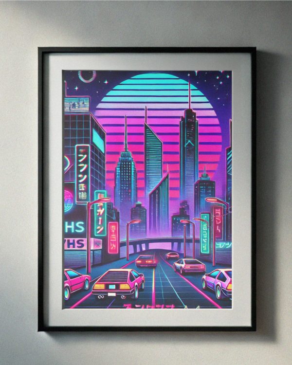 Immerse yourself in a futuristic cityscape with this neon-infused retro art print. Featuring a vibrant cyberpunk aesthetic, vintage cars, and glowing skyscrapers, this piece transports you straight into a 90's-inspired dream world. Perfect for lovers of synthwave and retro-futurism!