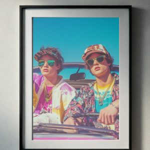 Capture the carefree vibes of the 90’s with this bold and vibrant print featuring two stylish teens rocking iconic retro fashion on a sunny road trip. Perfect for fans of 90’s culture, streetwear, and nostalgia, this high-resolution downloadable artwork adds a touch of vintage cool to your decor. Instant download for easy and stylish wall art!