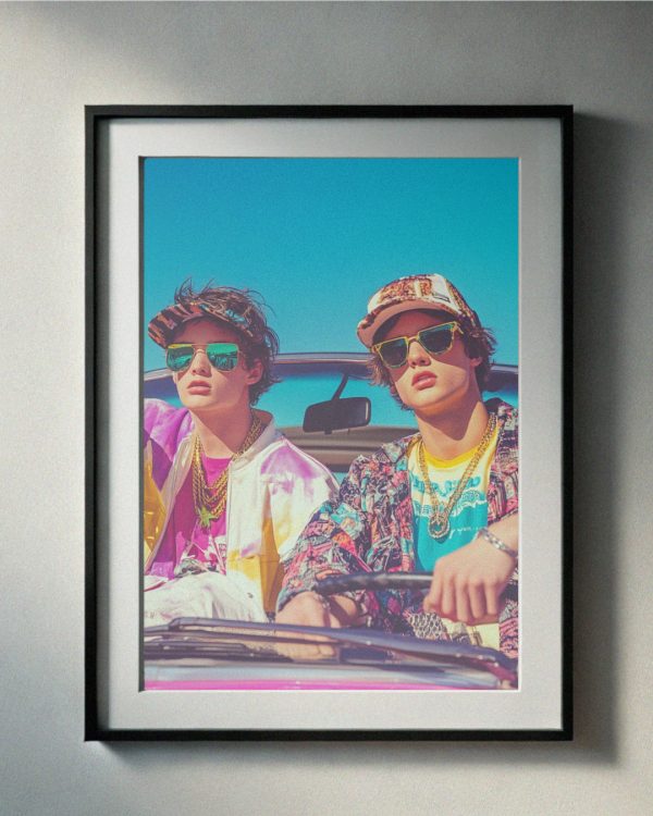 Capture the carefree vibes of the 90’s with this bold and vibrant print featuring two stylish teens rocking iconic retro fashion on a sunny road trip. Perfect for fans of 90’s culture, streetwear, and nostalgia, this high-resolution downloadable artwork adds a touch of vintage cool to your decor. Instant download for easy and stylish wall art!