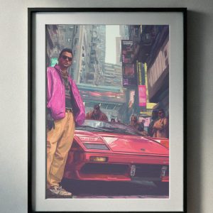 Step back into the 90’s street culture with this dynamic art print featuring a bold red supercar, neon-lit city vibes, and a stylish figure rocking iconic retro fashion. Perfect for lovers of vintage cars and urban aesthetics, this high-resolution downloadable artwork adds a sleek, nostalgic edge to any wall. Instantly downloadable for quick and easy printing!