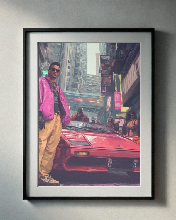 Step back into the 90’s street culture with this dynamic art print featuring a bold red supercar, neon-lit city vibes, and a stylish figure rocking iconic retro fashion. Perfect for lovers of vintage cars and urban aesthetics, this high-resolution downloadable artwork adds a sleek, nostalgic edge to any wall. Instantly downloadable for quick and easy printing!