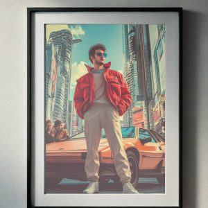 Embrace the essence of 90’s cool with this striking art print featuring a stylish figure in a bold red jacket standing beside a sleek vintage supercar against a bustling urban backdrop. Perfect for fans of retro fashion, car culture, and city vibes, this high-resolution downloadable artwork brings a timeless edge to any wall. Instant digital download for easy and stylish decor!