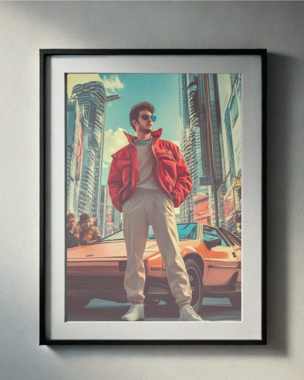 Embrace the essence of 90’s cool with this striking art print featuring a stylish figure in a bold red jacket standing beside a sleek vintage supercar against a bustling urban backdrop. Perfect for fans of retro fashion, car culture, and city vibes, this high-resolution downloadable artwork brings a timeless edge to any wall. Instant digital download for easy and stylish decor!