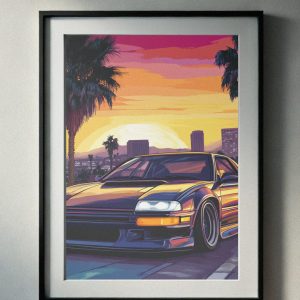 Capture the golden hour of 90’s car culture with this stunning art print featuring a classic JDM sports car framed by palm trees and a vibrant sunset. Perfect for fans of vintage Japanese car designs and retro aesthetics, this high-resolution digital download brings nostalgic speed and style to any wall. Instantly printable for effortless decor that stands out!