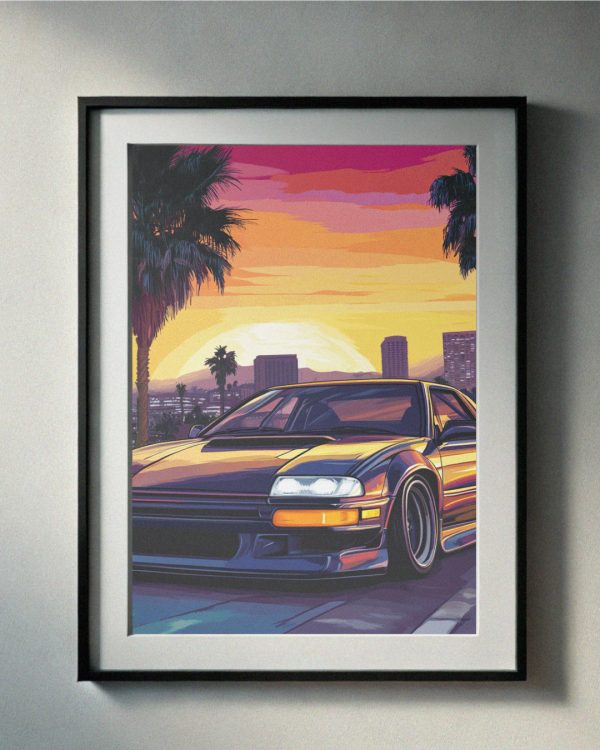 Capture the golden hour of 90’s car culture with this stunning art print featuring a classic JDM sports car framed by palm trees and a vibrant sunset. Perfect for fans of vintage Japanese car designs and retro aesthetics, this high-resolution digital download brings nostalgic speed and style to any wall. Instantly printable for effortless decor that stands out!