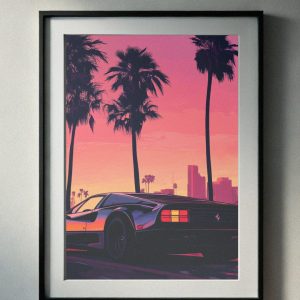 90’s retro supercar with a vibrant sunset backdrop, palm trees, and a city skyline, perfect for nostalgic wall art printable.