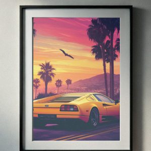 90’s yellow supercar cruising under a vibrant sunset with palm trees and mountains, retro-inspired printable wall art.