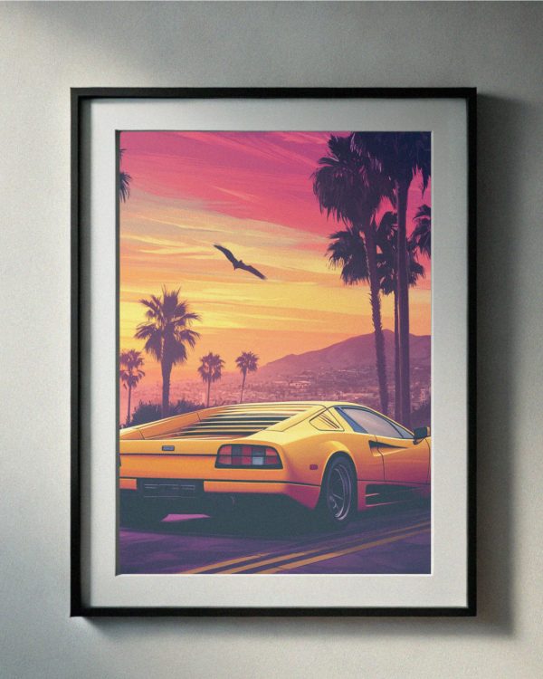 90’s yellow supercar cruising under a vibrant sunset with palm trees and mountains, retro-inspired printable wall art.