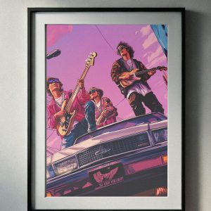 90’s retro band performing on top of a classic car with guitars and sunglasses, vibrant pink sky, and nostalgic vibes.