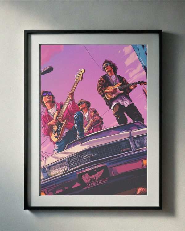 90’s retro band performing on top of a classic car with guitars and sunglasses, vibrant pink sky, and nostalgic vibes.