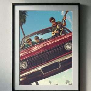 90’s retro rock band in a red vintage car under a sunny sky with palm trees, vibrant nostalgic printable wall art.