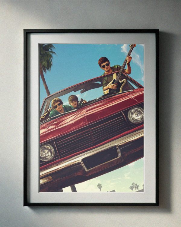 90’s retro rock band in a red vintage car under a sunny sky with palm trees, vibrant nostalgic printable wall art.