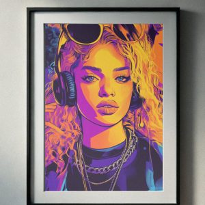 Vibrant 90’s retro portrait of a woman with curly blonde hair, sunglasses, headphones, and bold neon colors, perfect for printable wall art.