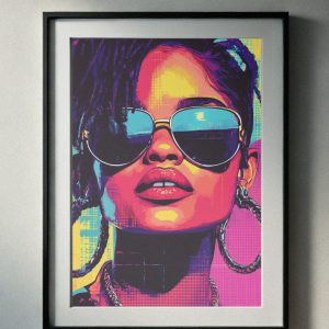 Colorful 90’s-inspired portrait of a woman with oversized aviator sunglasses, hoop earrings, and bold neon tones, perfect for retro printable wall art.