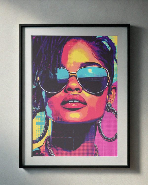 Colorful 90’s-inspired portrait of a woman with oversized aviator sunglasses, hoop earrings, and bold neon tones, perfect for retro printable wall art.