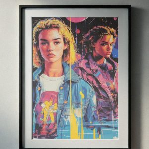 90’s retro-inspired portrait of two stylish individuals in denim jackets, vibrant neon tones, and bold artistic elements, perfect for printable wall art.