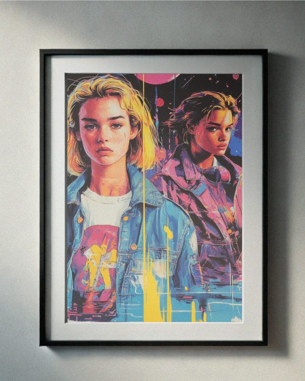 90’s retro-inspired portrait of two stylish individuals in denim jackets, vibrant neon tones, and bold artistic elements, perfect for printable wall art.