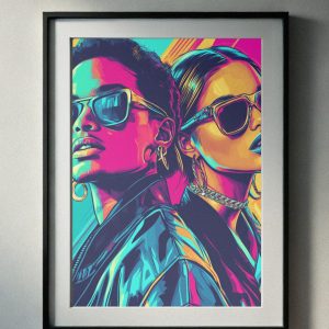 Vibrant 90’s-inspired portrait of a stylish duo in sunglasses and bold neon tones, featuring leather jackets and retro accessories, perfect for printable wall art.