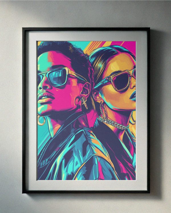 Vibrant 90’s-inspired portrait of a stylish duo in sunglasses and bold neon tones, featuring leather jackets and retro accessories, perfect for printable wall art.