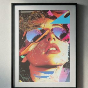 90’s retro-inspired portrait of a woman in vibrant neon sunglasses with abstract artistic elements, perfect for stylish printable wall art.