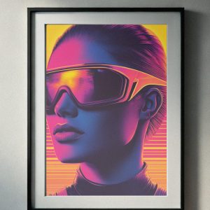 90’s-inspired portrait of a woman wearing futuristic neon visor sunglasses with bold vibrant colors, perfect for printable wall art.