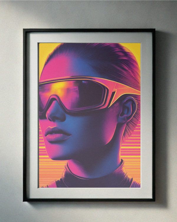 90’s-inspired portrait of a woman wearing futuristic neon visor sunglasses with bold vibrant colors, perfect for printable wall art.