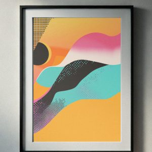 90’s-inspired abstract artwork with colorful wavy shapes in yellow, pink, turquoise, and black, perfect for retro printable wall art.