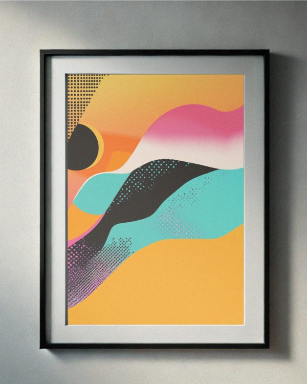 90’s-inspired abstract artwork with colorful wavy shapes in yellow, pink, turquoise, and black, perfect for retro printable wall art.