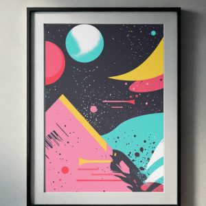 90’s-inspired abstract cosmic art with geometric shapes, vibrant planets, and bold colors like pink, turquoise, and yellow, perfect for printable wall art."