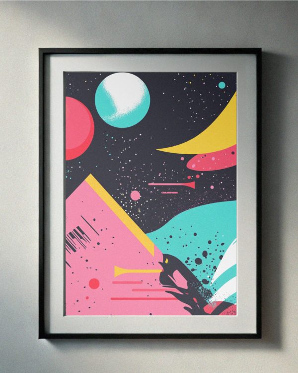 90’s-inspired abstract cosmic art with geometric shapes, vibrant planets, and bold colors like pink, turquoise, and yellow, perfect for printable wall art."