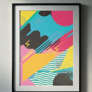 90’s Memphis-style abstract art with bold geometric shapes, vibrant colors like turquoise, pink, yellow, and black, perfect for printable wall art.