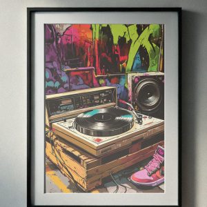 90’s-inspired artwork featuring a DJ turntable, speaker, graffiti wall, and retro sneakers, perfect for urban and retro-themed printable wall art.