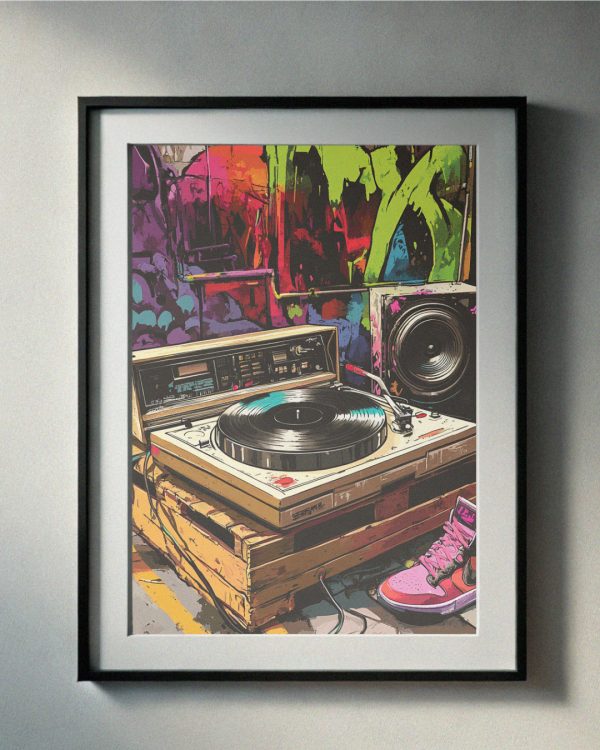 90’s-inspired artwork featuring a DJ turntable, speaker, graffiti wall, and retro sneakers, perfect for urban and retro-themed printable wall art.