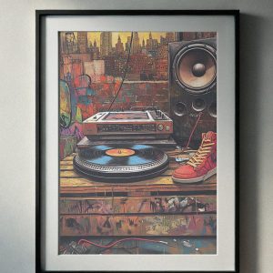 90’s-inspired artwork featuring a vinyl turntable, urban graffiti backdrop, retro sneakers, and a city skyline, perfect for music-themed printable wall art.