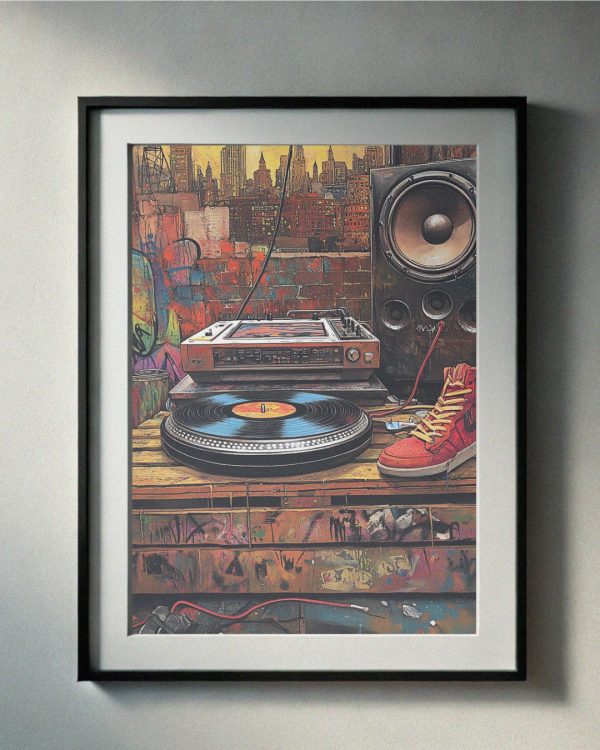 90’s-inspired artwork featuring a vinyl turntable, urban graffiti backdrop, retro sneakers, and a city skyline, perfect for music-themed printable wall art.