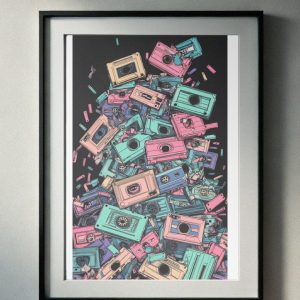 Colorful 90’s-inspired collage of cassette tapes in pastel tones on a black background, perfect for retro-themed printable wall art.