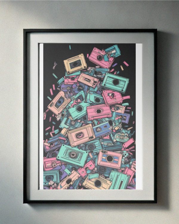 Colorful 90’s-inspired collage of cassette tapes in pastel tones on a black background, perfect for retro-themed printable wall art.