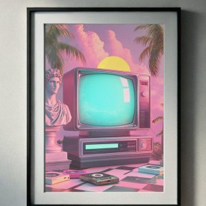 90’s-inspired vaporwave art featuring a vintage TV, cassette tapes, palm trees, and a vibrant sunset with pastel tones, perfect for printable wall art.