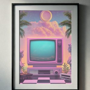 90’s vaporwave-inspired art featuring a retro TV, pastel skies, palm trees, and statues, creating a nostalgic and surreal printable wall art.