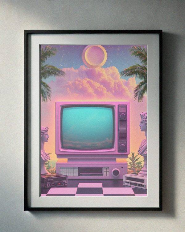 90’s vaporwave-inspired art featuring a retro TV, pastel skies, palm trees, and statues, creating a nostalgic and surreal printable wall art.