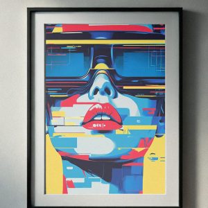 90’s cyberpunk-inspired art featuring a glitchy portrait of a woman wearing futuristic glasses in bold neon colors, perfect for printable wall art.