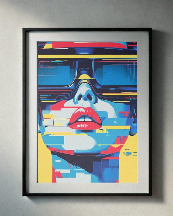 90’s cyberpunk-inspired art featuring a glitchy portrait of a woman wearing futuristic glasses in bold neon colors, perfect for printable wall art.