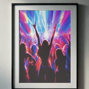 90’s-inspired art of a vibrant neon dance party scene with silhouettes of people celebrating under colorful lights, perfect for retro printable wall art.