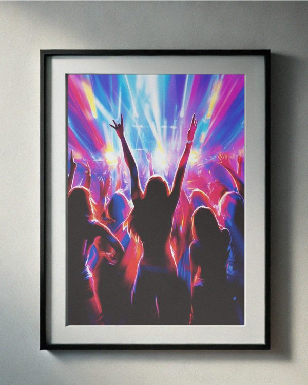 90’s-inspired art of a vibrant neon dance party scene with silhouettes of people celebrating under colorful lights, perfect for retro printable wall art.