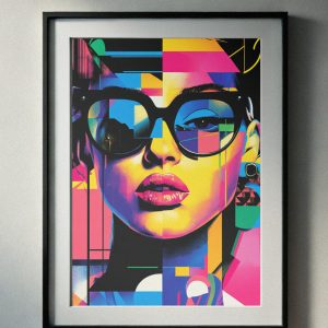 90’s pop art-inspired portrait of a woman wearing oversized glasses, vibrant neon colors, and geometric abstract patterns, perfect for printable wall art.