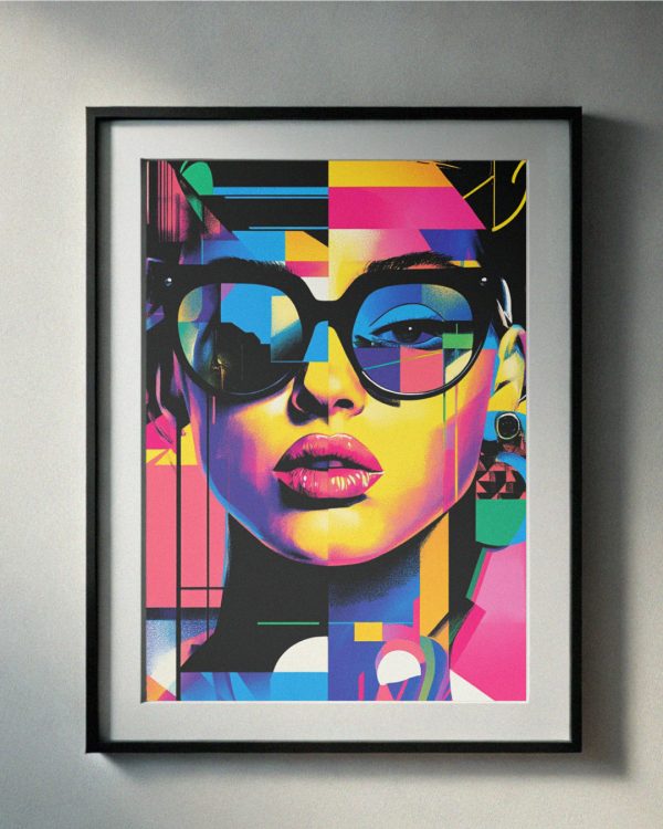 90’s pop art-inspired portrait of a woman wearing oversized glasses, vibrant neon colors, and geometric abstract patterns, perfect for printable wall art.